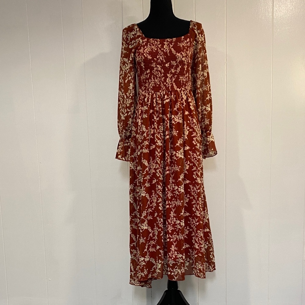 Floral Blooming Smocked Midi Dress | Square Neck Rust Floral Long Sleeve | Large